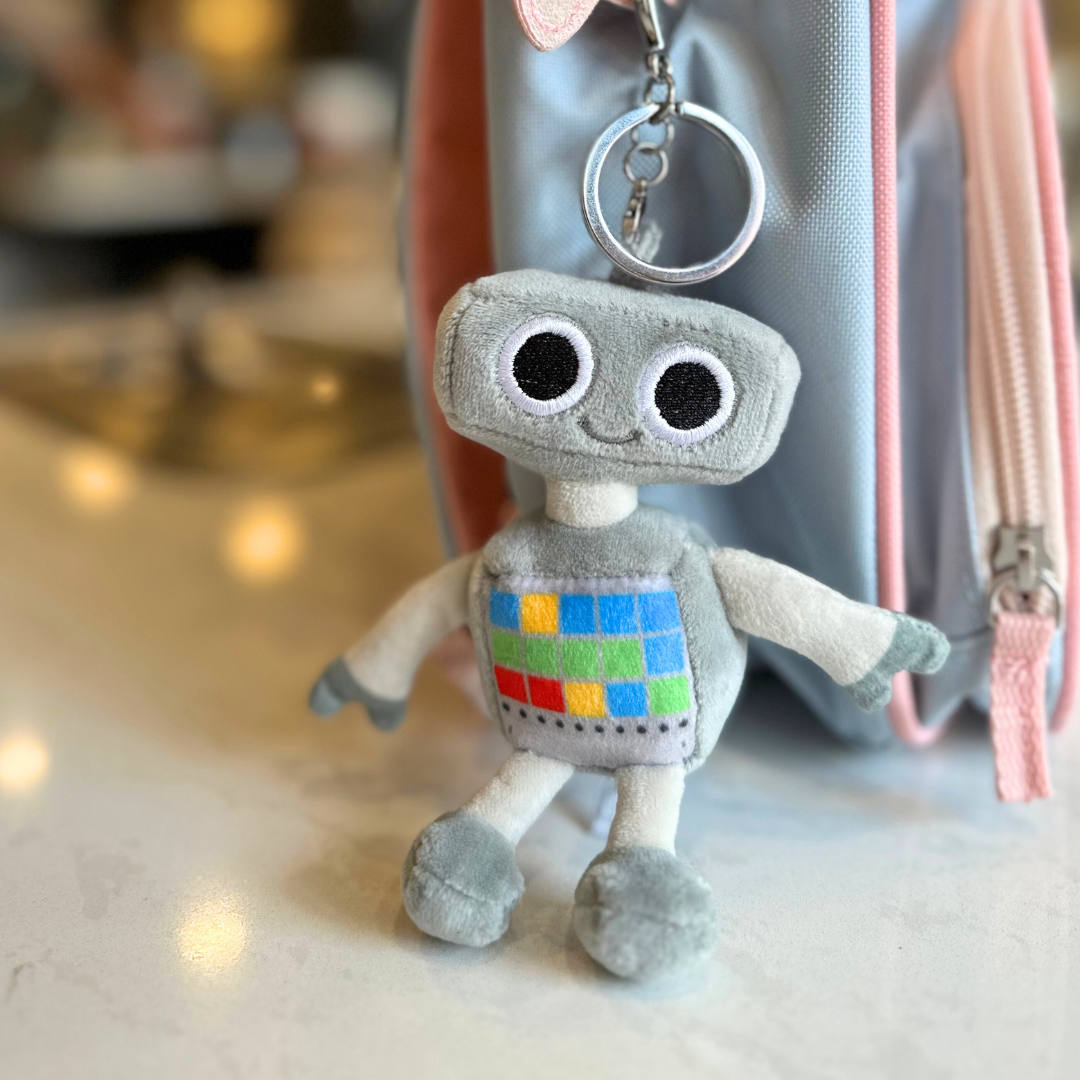 Listener Kids Jett The Robot Soft Plush Keychain, Cute Stuffed Animal Toy Doll. Removable Key Chain Ring, 4in Tall, Gray, Stocking Stuffer Christmas